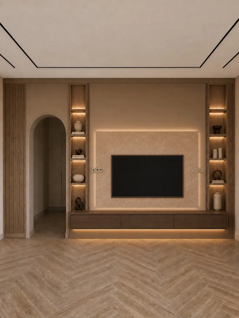 TV wall built by the Almashhad Sky team: A warm colour around the TV and lit shelves
