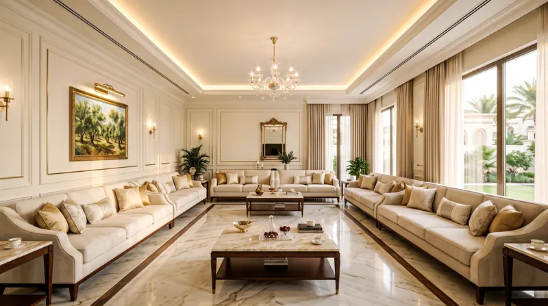 Villa interior completed by the Almashhad Sky team: Spacious majlis with a classic feel