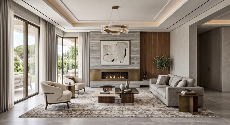 Villa interior completed by the Almashhad Sky team: Living room with a fireplace and glass doors to the garden