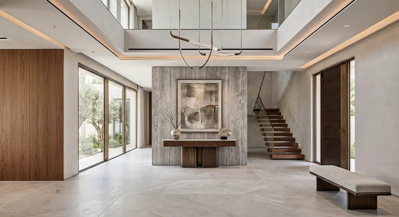 Villa interior completed by the Almashhad Sky team: Entrance with a high ceiling and staircase
