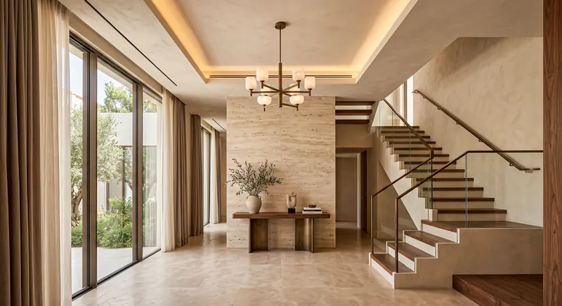 Villa interior completed by the Almashhad Sky team: Entrance with a staircase and chandelier