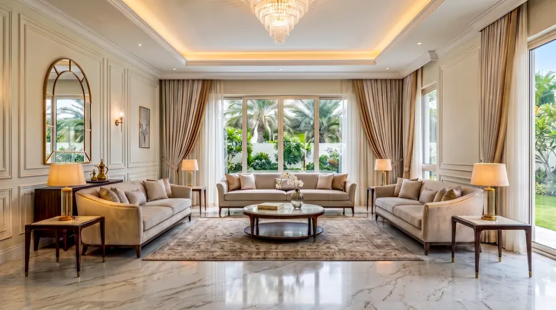 Villa interior completed by the Almashhad Sky team: Majlis with a garden view
