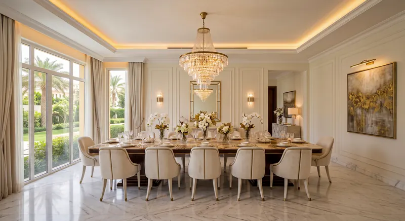 Villa interior completed by the Almashhad Sky team: Dining room with a large table and garden view