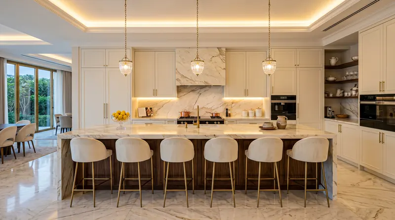 Villa interior completed by the Almashhad Sky team: Show kitchen with an island and seating