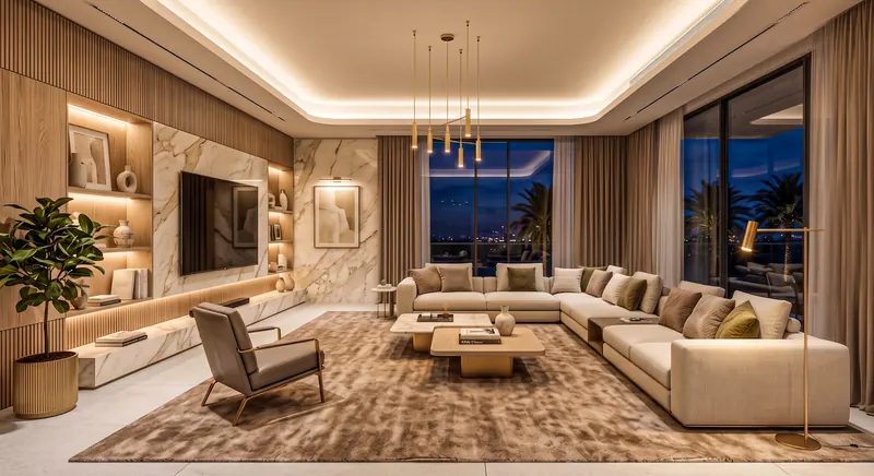 Villa interior completed by the Almashhad Sky team: Living room with a TV wall and lit shelves
