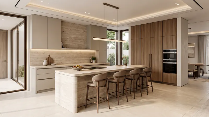 Villa interior completed by the Almashhad Sky team: Open kitchen with an island and bar stools