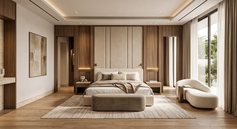Villa interior completed by the Almashhad Sky team: Master bedroom in warm wood