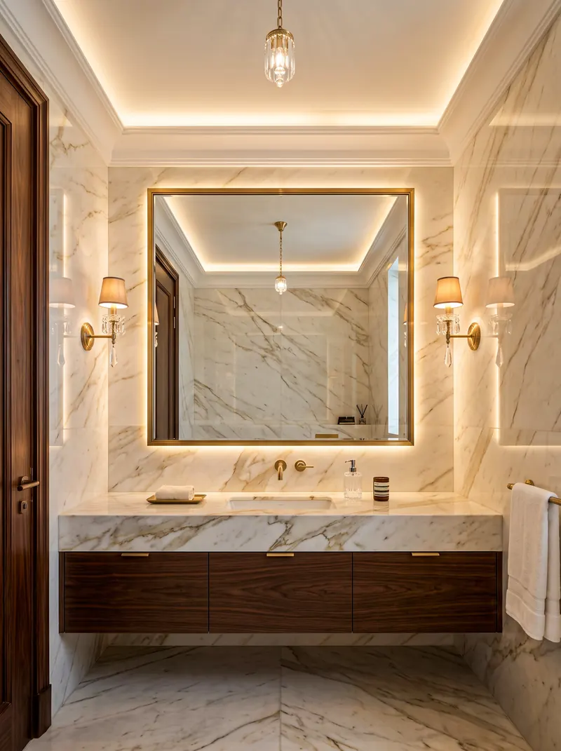Villa interior completed by the Almashhad Sky team: Guest bathroom with a lit mirror and warm lighting