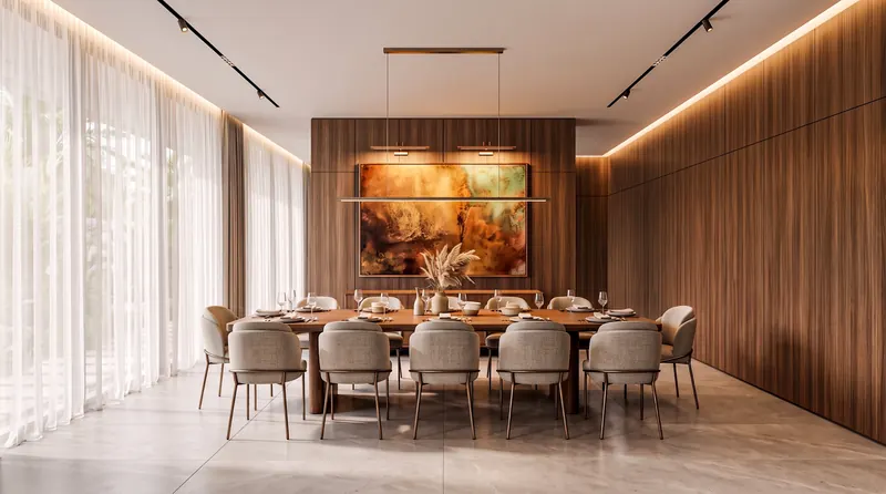Villa interior completed by the Almashhad Sky team: Dining room with wood and a large painting