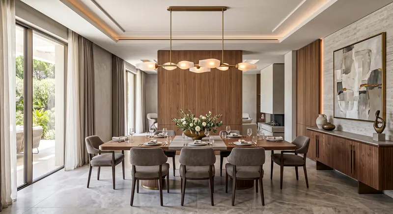 Villa interior completed by the Almashhad Sky team: Dining room with a garden view