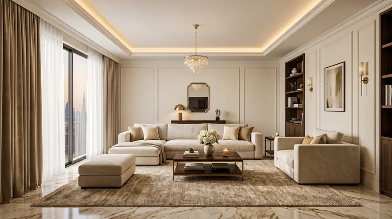 Villa interior completed by the Almashhad Sky team: Family living room with hidden lighting and a view