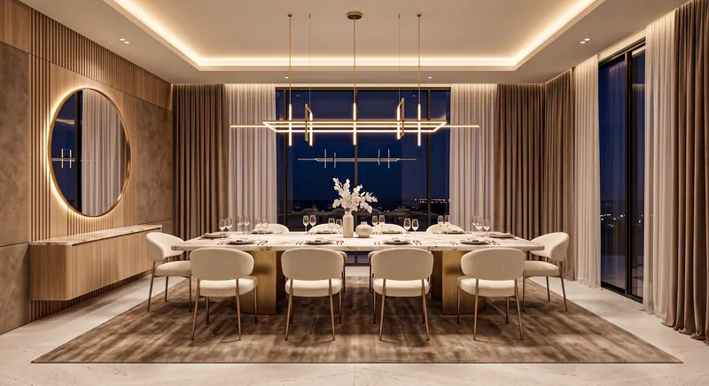 Villa interior completed by the Almashhad Sky team: Dining room with a night view and round mirror