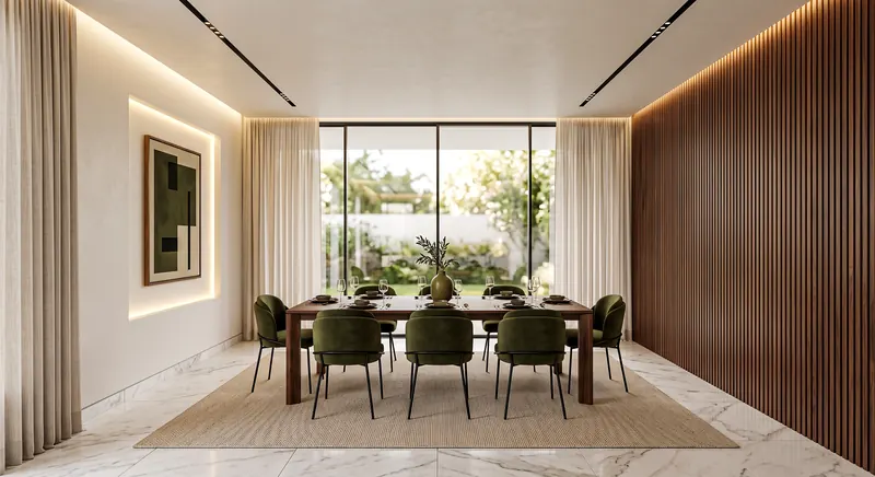 Villa interior completed by the Almashhad Sky team: Dining room with green chairs and a wood slat wall