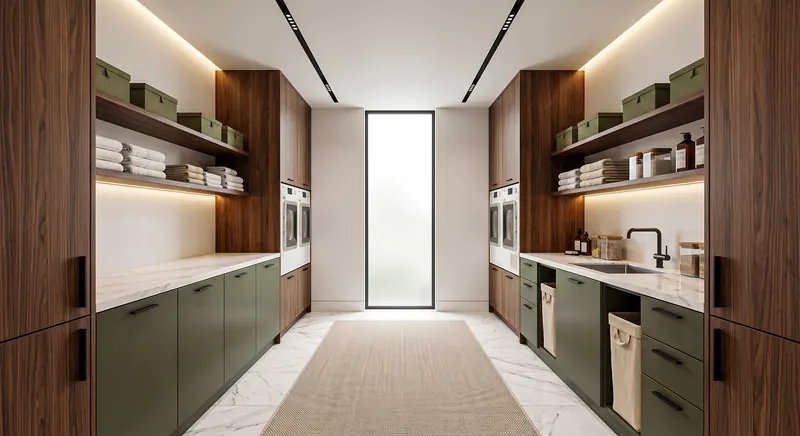 Villa interior completed by the Almashhad Sky team: Laundry room with cabinets and shelves on both sides