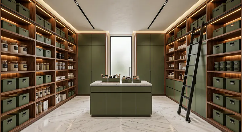 Villa interior completed by the Almashhad Sky team: Storage room with open shelves and a central island