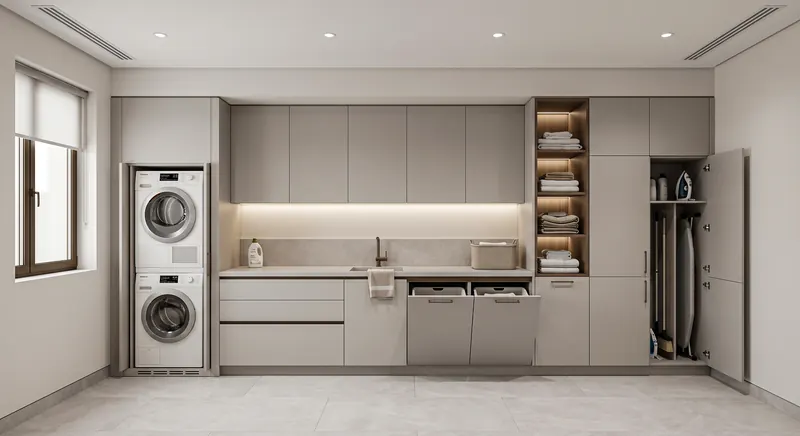 Villa interior completed by the Almashhad Sky team: Utility room with laundry machines and full-height cabinets
